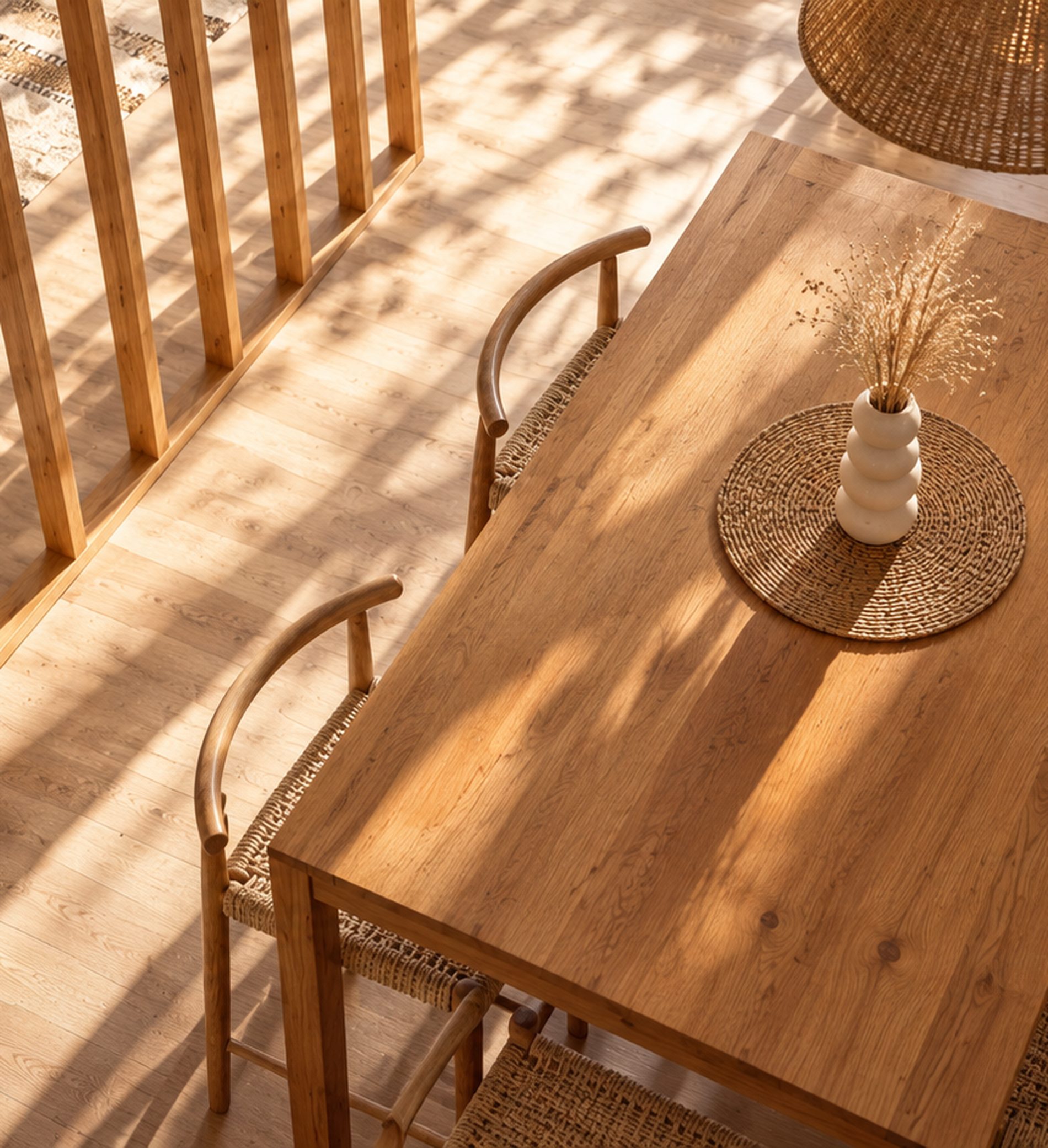 Table de chêne et chaises paillées sur le parquet d'un séjour, l'ombre du barreaudage de la loggia portée au sol.