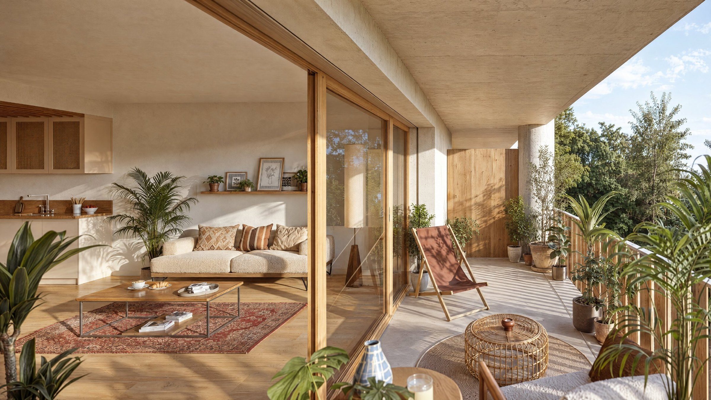 C22, deux pièces : le séjour ouvre de plain-pied sur la loggia plantée.