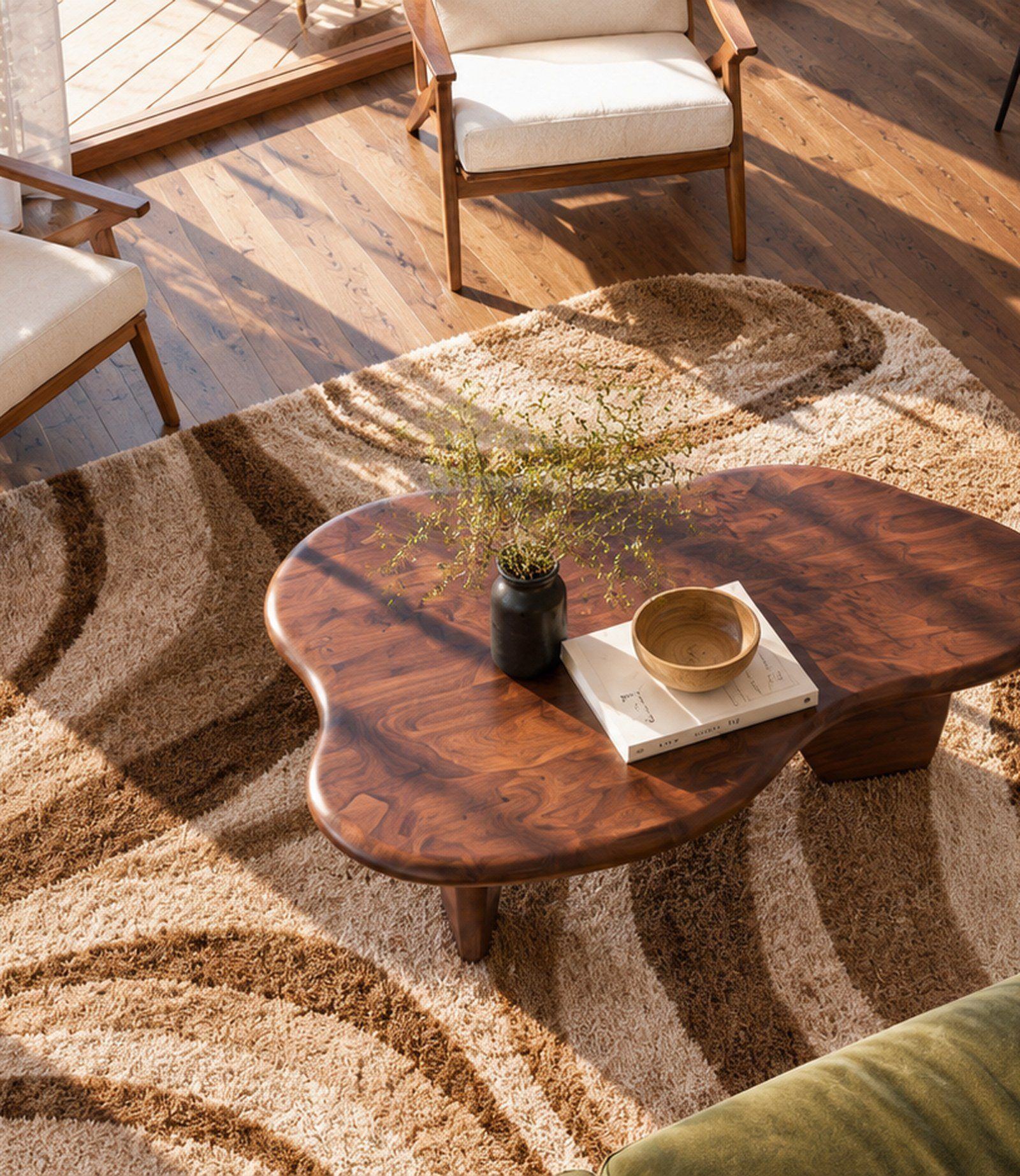 Tapis de laine à motif ondé et table basse en noyer massif, vus de haut.