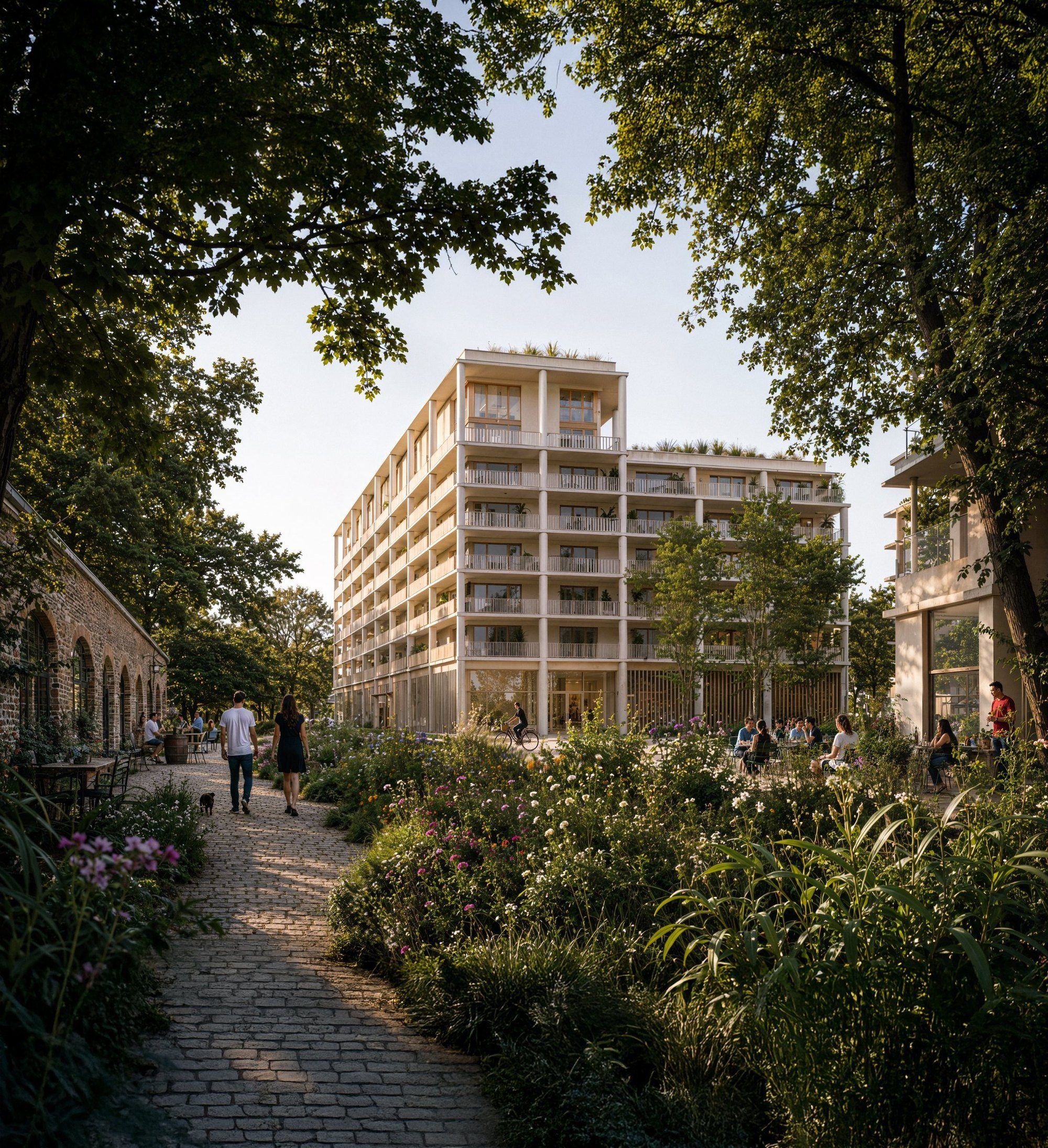 Le bâtiment vu depuis le chemin pavé du fort, ses colonnes de béton claires au-dessus des massifs fleuris, les casemates de pierre à gauche.