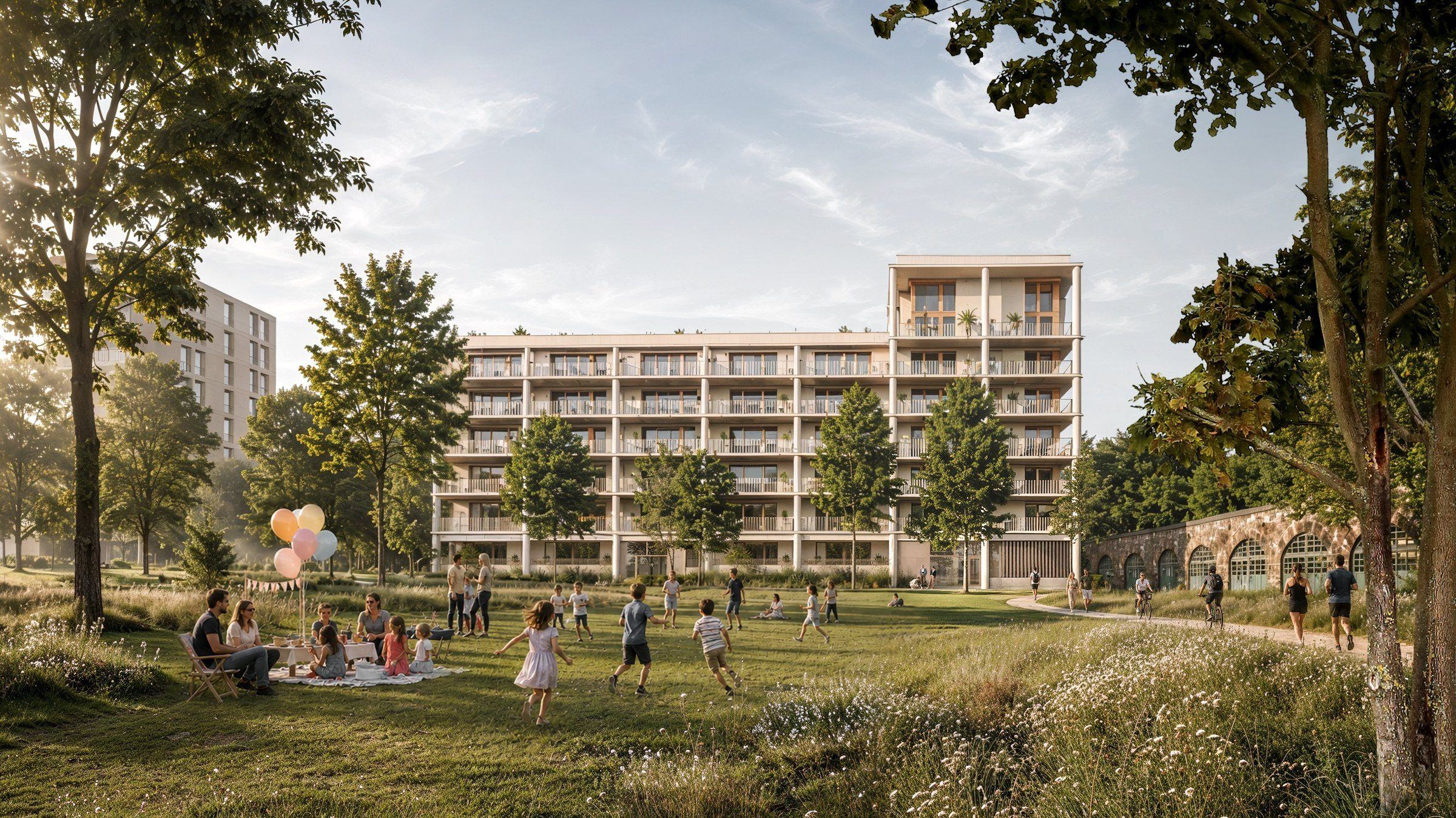 Le jardin vu depuis la prairie : le bâtiment en fond, les casemates du fort à droite, des familles sur la pelouse en fin de journée.