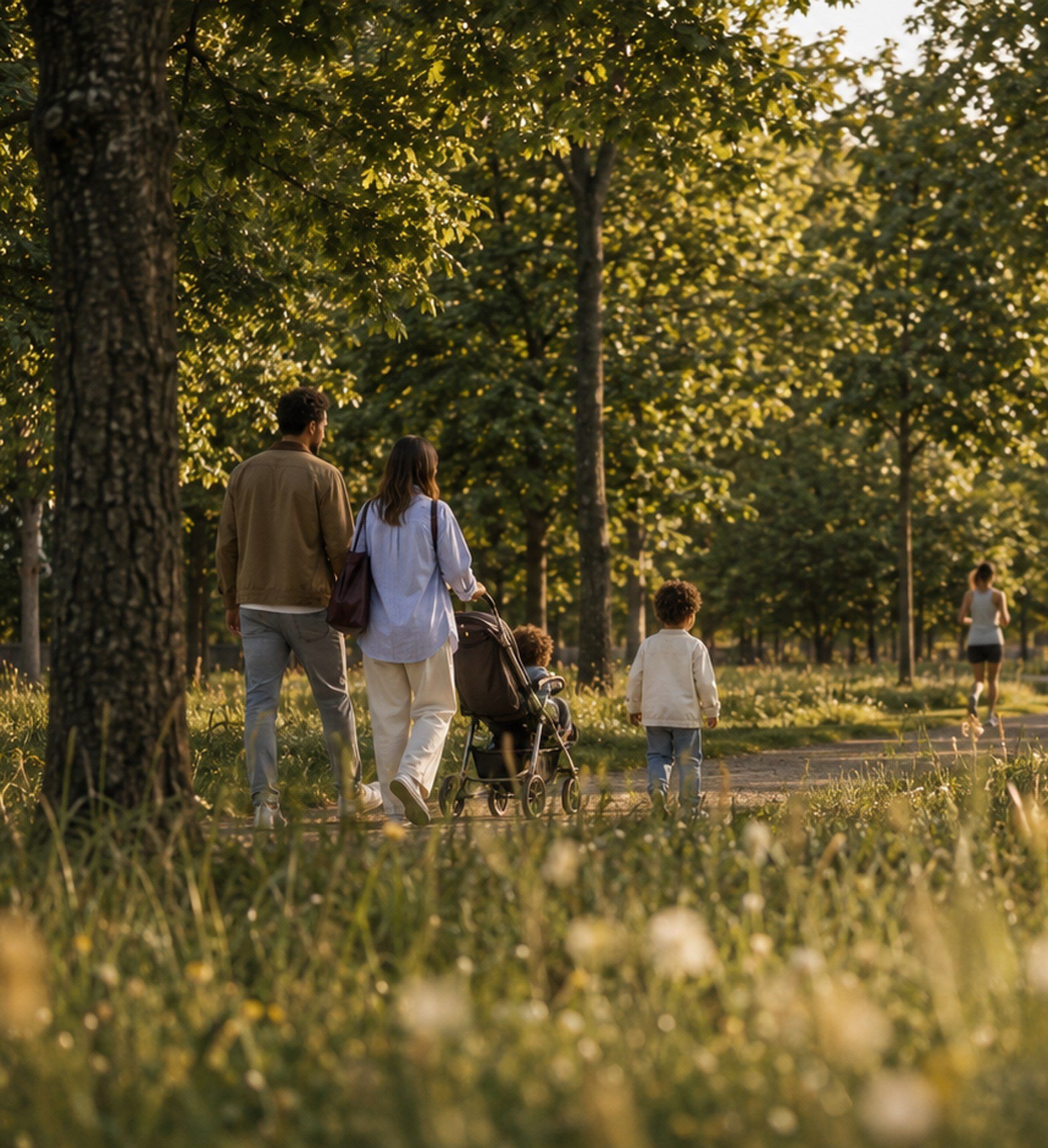 Le parc du fort : une famille sur l’allée cavalière, les hautes herbes fauchées et les arbres conservés.