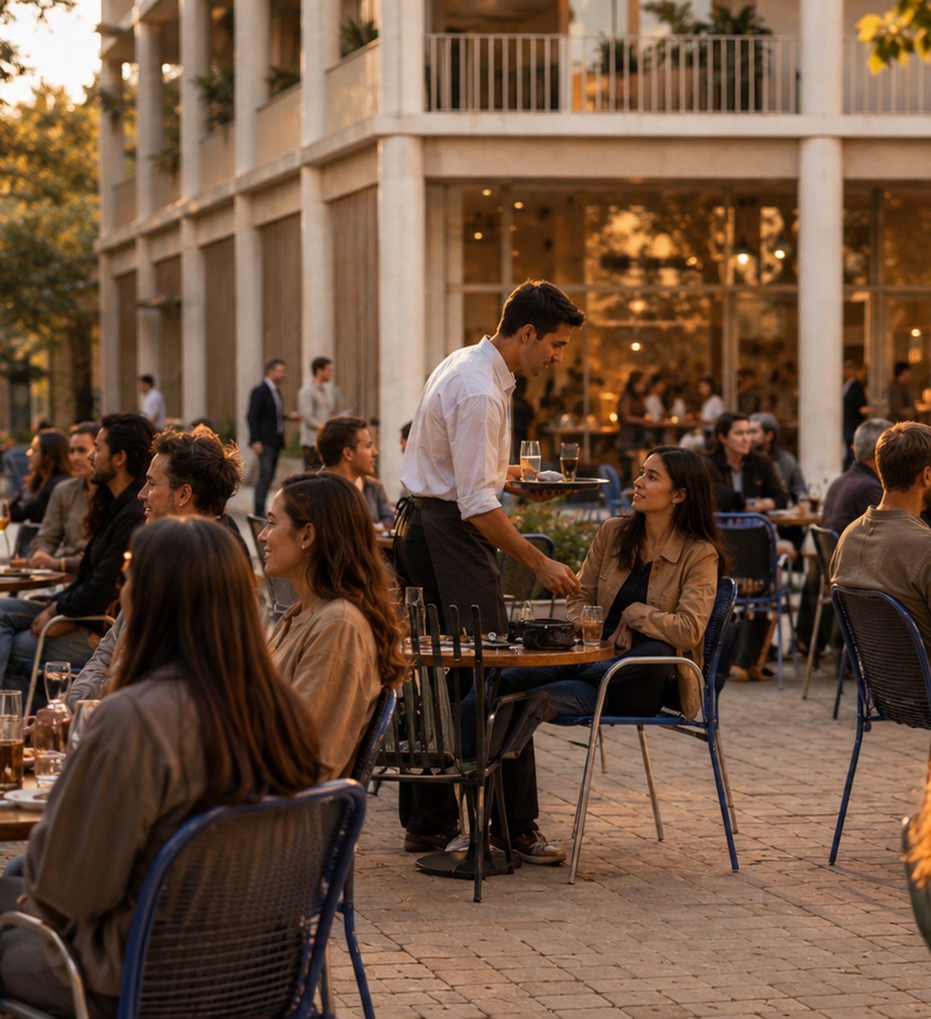 La terrasse en pied d’immeuble à la tombée du jour : les tables occupées sous la galerie à colonnes.