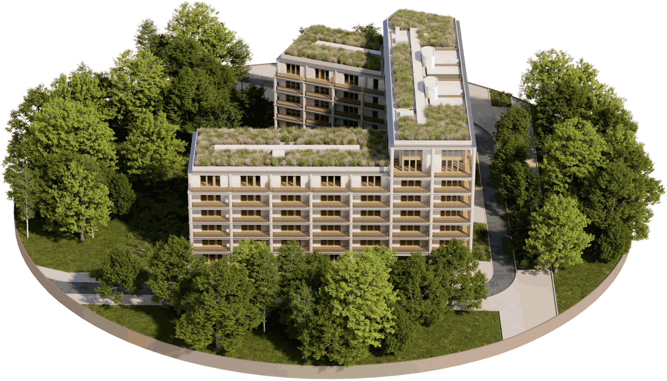 Maquette du projet posée sur son terrain : les trois ailes aux toitures plantées, les arbres conservés et les cheminements.